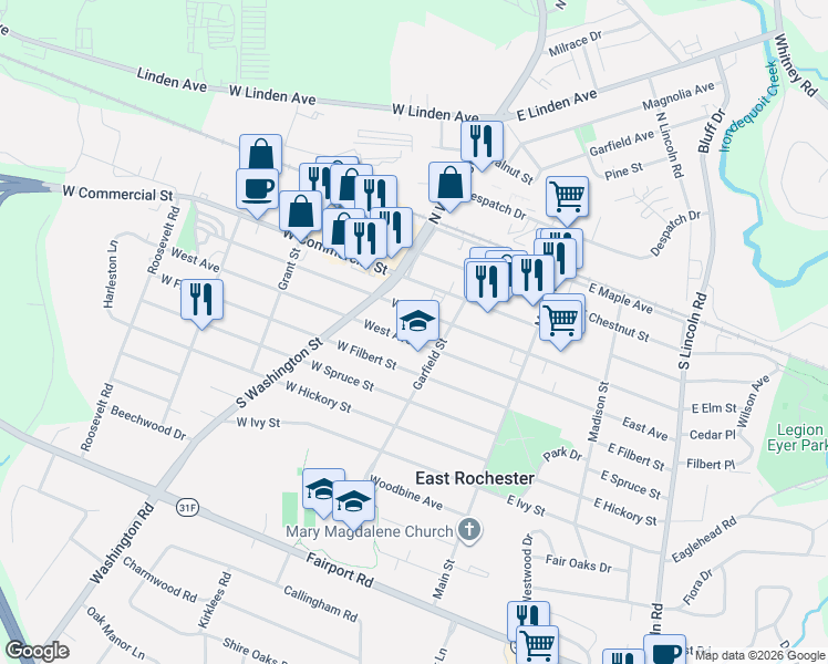 map of restaurants, bars, coffee shops, grocery stores, and more near 218 West Elm Street in East Rochester