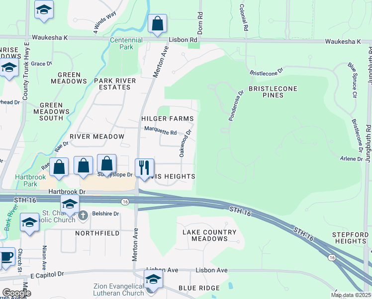 map of restaurants, bars, coffee shops, grocery stores, and more near 606 Oakwood Drive in Hartland