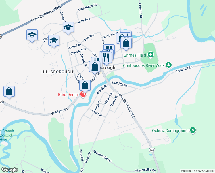 map of restaurants, bars, coffee shops, grocery stores, and more near 3 Bear Hill Road in Hillsboro