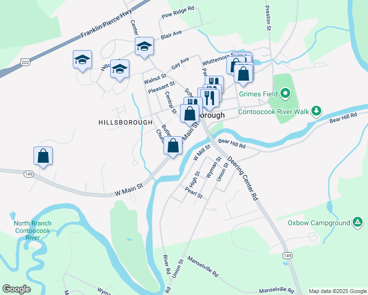 map of restaurants, bars, coffee shops, grocery stores, and more near 34A West Main Street in Hillsboro