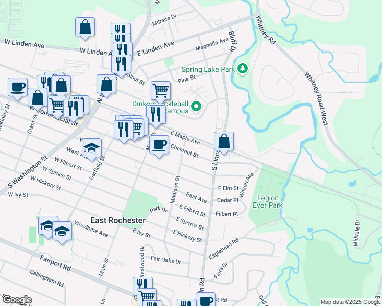 map of restaurants, bars, coffee shops, grocery stores, and more near 211 East Chestnut Street in East Rochester