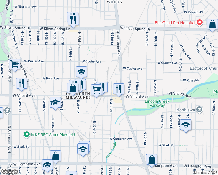 map of restaurants, bars, coffee shops, grocery stores, and more near 3216 West Villard Avenue in Milwaukee