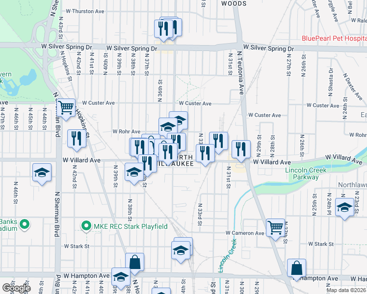 map of restaurants, bars, coffee shops, grocery stores, and more near 5247 North 34th Street in Milwaukee