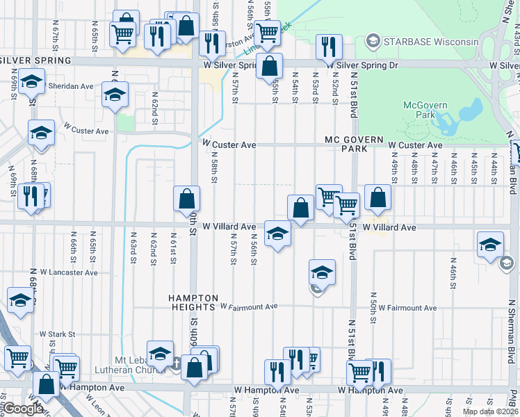 map of restaurants, bars, coffee shops, grocery stores, and more near 5245 North 56th Street in Milwaukee