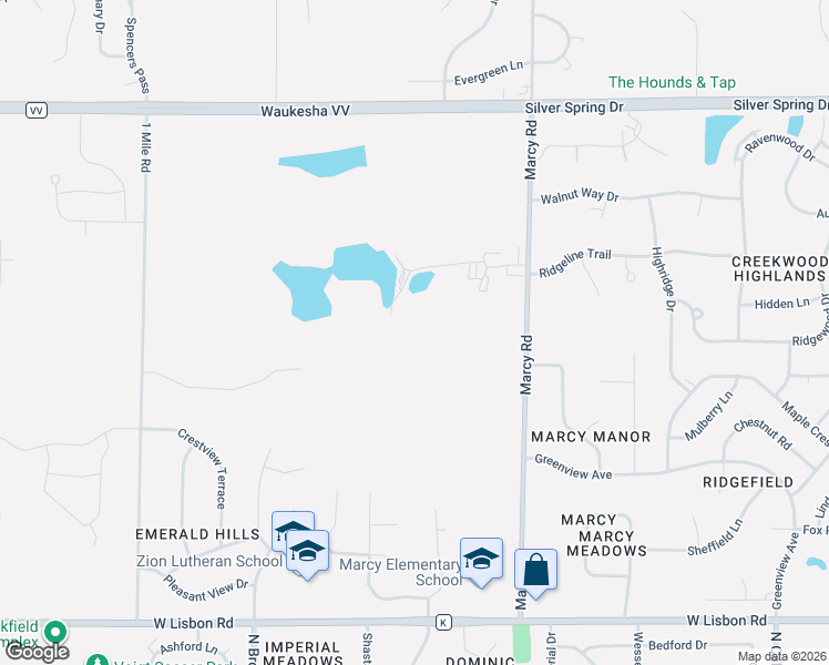 map of restaurants, bars, coffee shops, grocery stores, and more near W180N5213 Marcy Road in Menomonee Falls