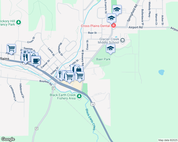 map of restaurants, bars, coffee shops, grocery stores, and more near 2610 Military Road in Cross Plains