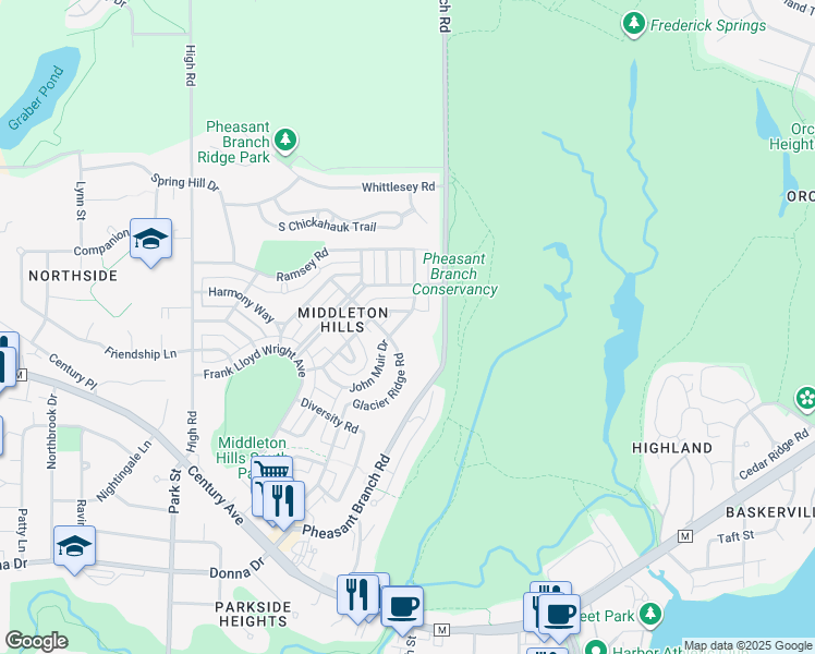 map of restaurants, bars, coffee shops, grocery stores, and more near 3535 John Muir Drive in Middleton