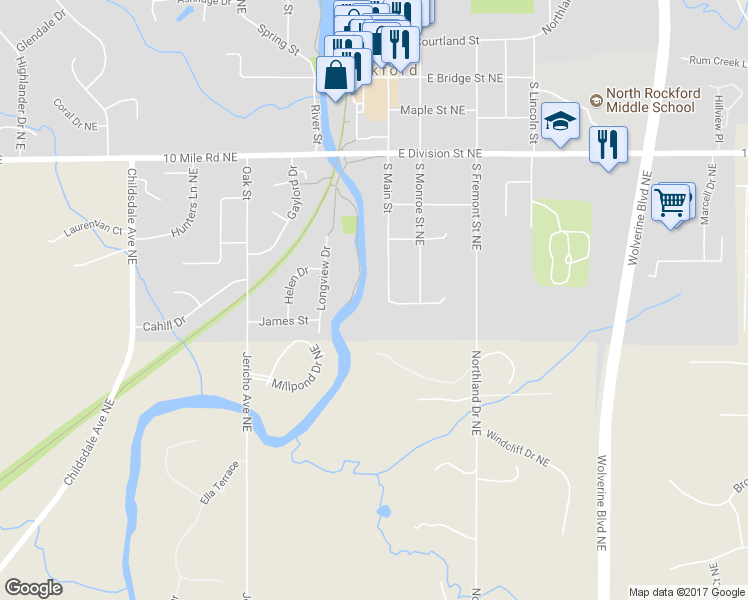 map of restaurants, bars, coffee shops, grocery stores, and more near 265 S Main St in Rockford
