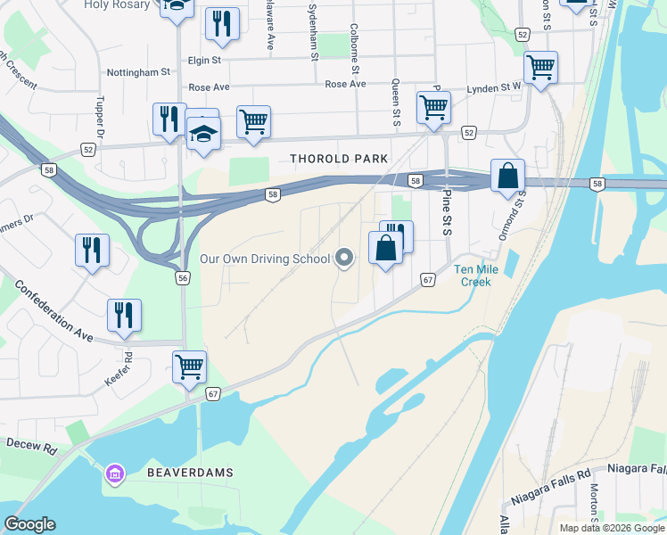 map of restaurants, bars, coffee shops, grocery stores, and more near 53 Baker Street in Thorold