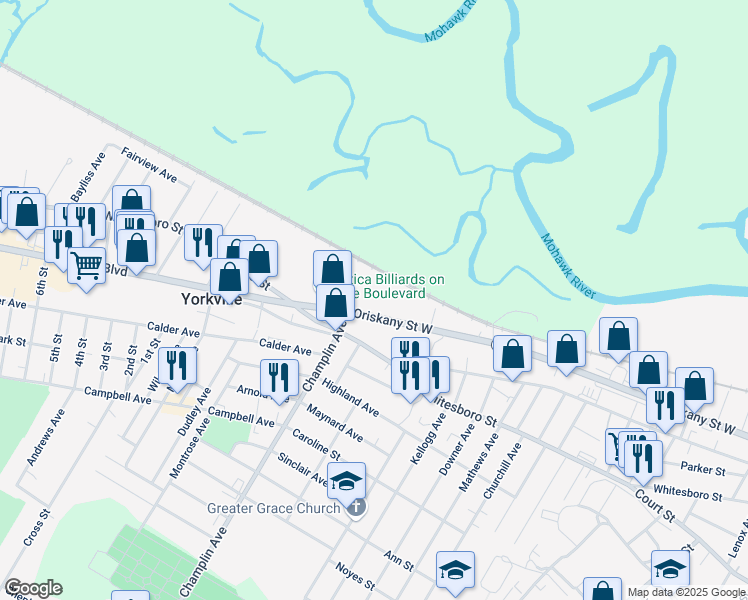map of restaurants, bars, coffee shops, grocery stores, and more near 2150 Oriskany Street West in Utica