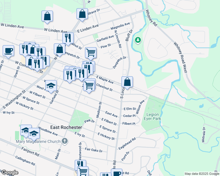map of restaurants, bars, coffee shops, grocery stores, and more near 211 East Chestnut Street in East Rochester