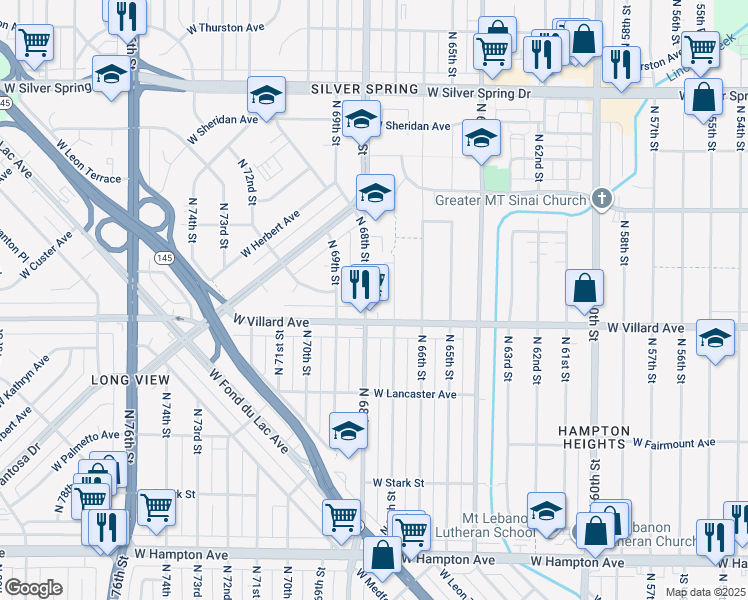 map of restaurants, bars, coffee shops, grocery stores, and more near 5226 North 68th Street in Milwaukee