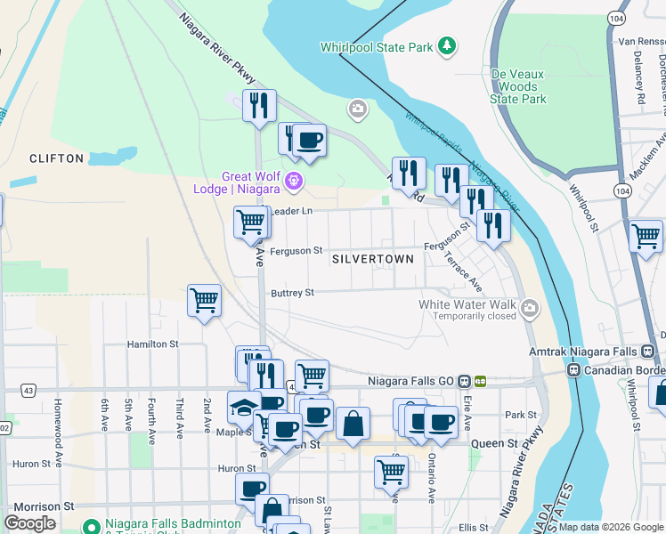 map of restaurants, bars, coffee shops, grocery stores, and more near 4216 Muir Avenue in Niagara Falls