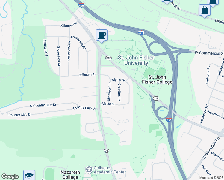 map of restaurants, bars, coffee shops, grocery stores, and more near 38 Shelwood Drive in Rochester
