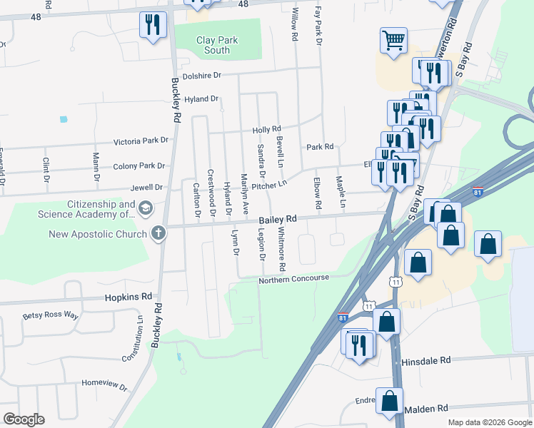 map of restaurants, bars, coffee shops, grocery stores, and more near 100 Sandra Drive in Syracuse
