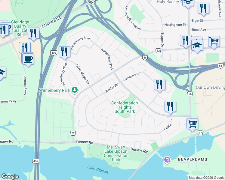 map of restaurants, bars, coffee shops, grocery stores, and more near in Thorold
