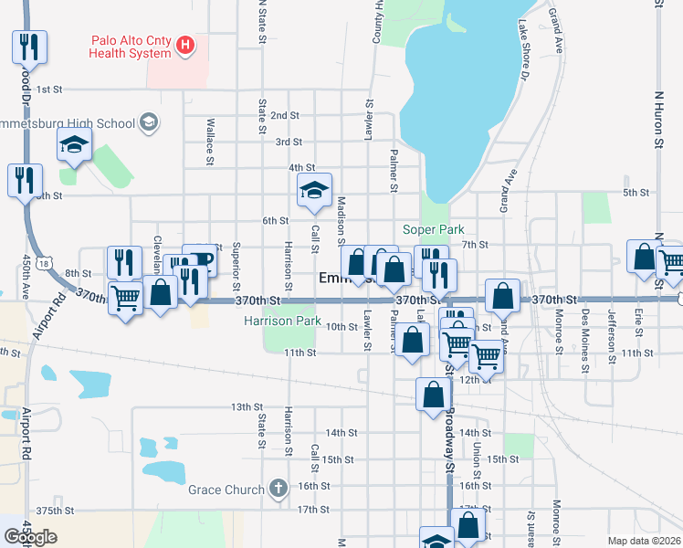map of restaurants, bars, coffee shops, grocery stores, and more near 2601 8th Street in Emmetsburg