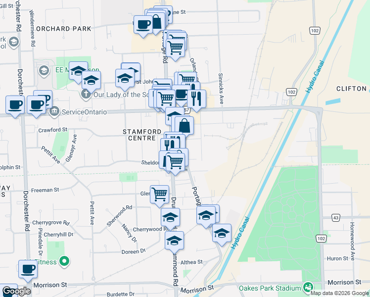 map of restaurants, bars, coffee shops, grocery stores, and more near 4208 Drummond Road in Niagara Falls