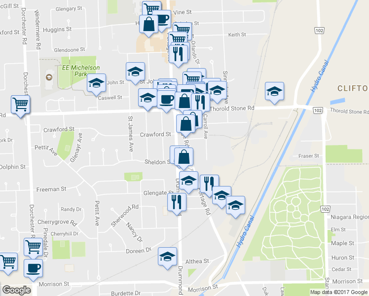 map of restaurants, bars, coffee shops, grocery stores, and more near 4173 Portage Road in Niagara Falls