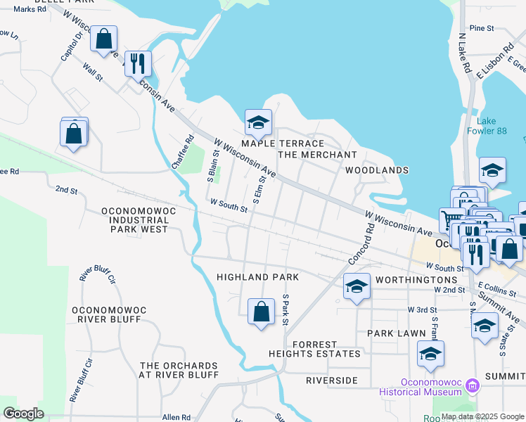 map of restaurants, bars, coffee shops, grocery stores, and more near 716 West South Street in Oconomowoc