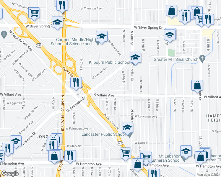 map of restaurants, bars, coffee shops, grocery stores, and more near 7019 West Tallmadge Court in Milwaukee