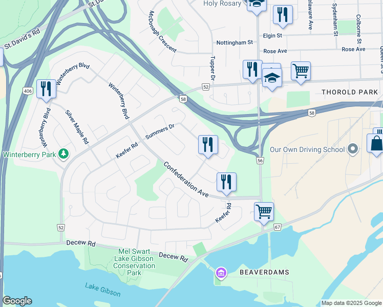map of restaurants, bars, coffee shops, grocery stores, and more near 27 Gonzalez Court in Thorold