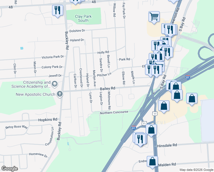 map of restaurants, bars, coffee shops, grocery stores, and more near 100 Sandra Drive in Syracuse