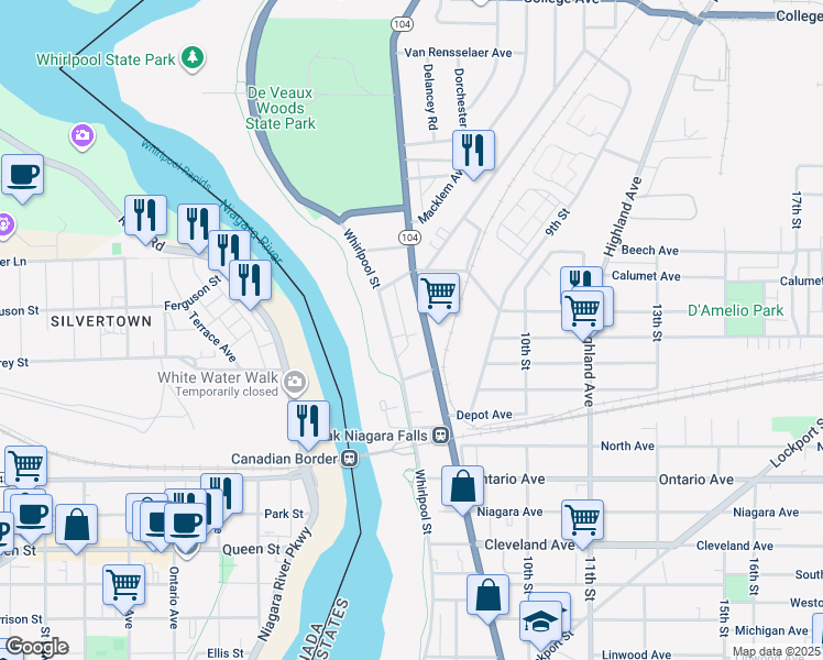map of restaurants, bars, coffee shops, grocery stores, and more near 2641 Spring Street in Niagara Falls