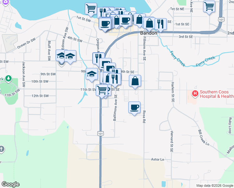 map of restaurants, bars, coffee shops, grocery stores, and more near 1155 Baltimore Avenue Southeast in Bandon
