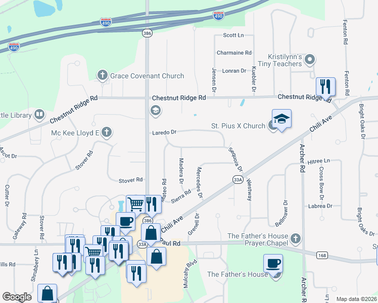 map of restaurants, bars, coffee shops, grocery stores, and more near 24 Sequoia Drive in Rochester
