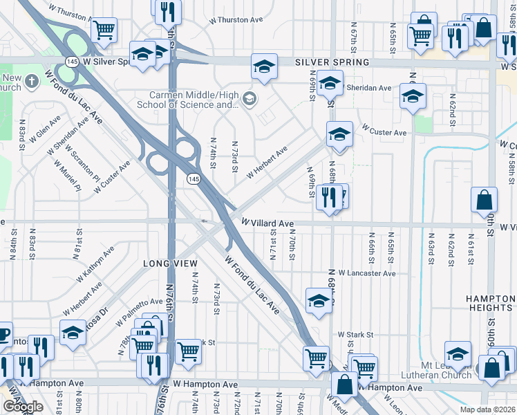 map of restaurants, bars, coffee shops, grocery stores, and more near 7153 West Grantosa Court in Milwaukee