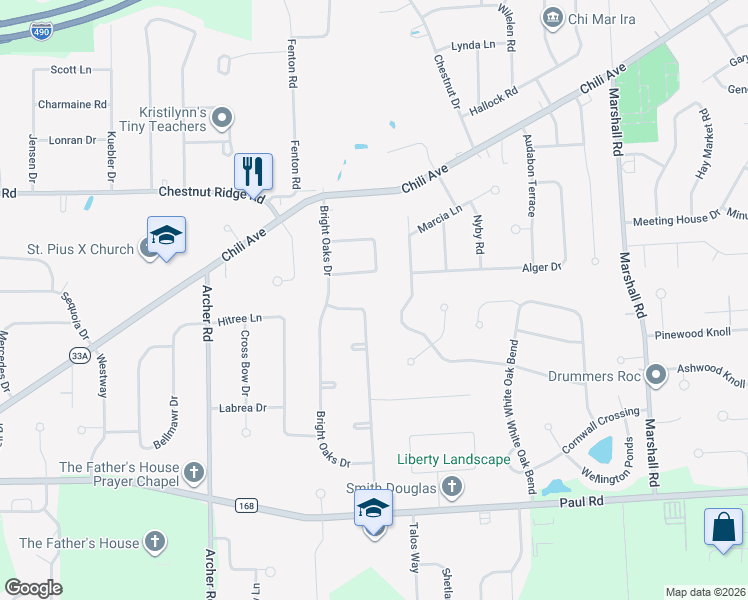 map of restaurants, bars, coffee shops, grocery stores, and more near 11 Red Bud Road in Rochester