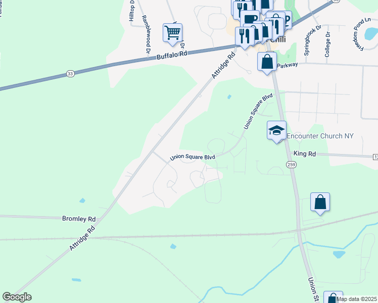 map of restaurants, bars, coffee shops, grocery stores, and more near 18 Union Square Boulevard in North Chili