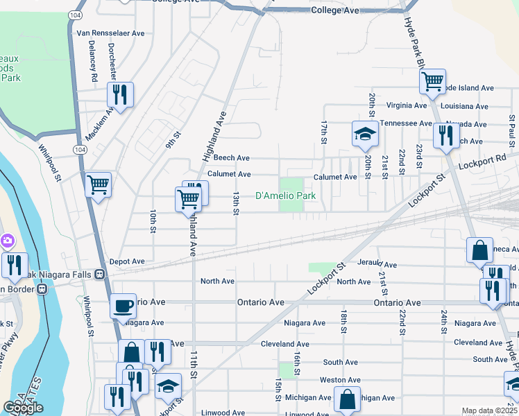 map of restaurants, bars, coffee shops, grocery stores, and more near 1318 Centre Avenue in Niagara Falls