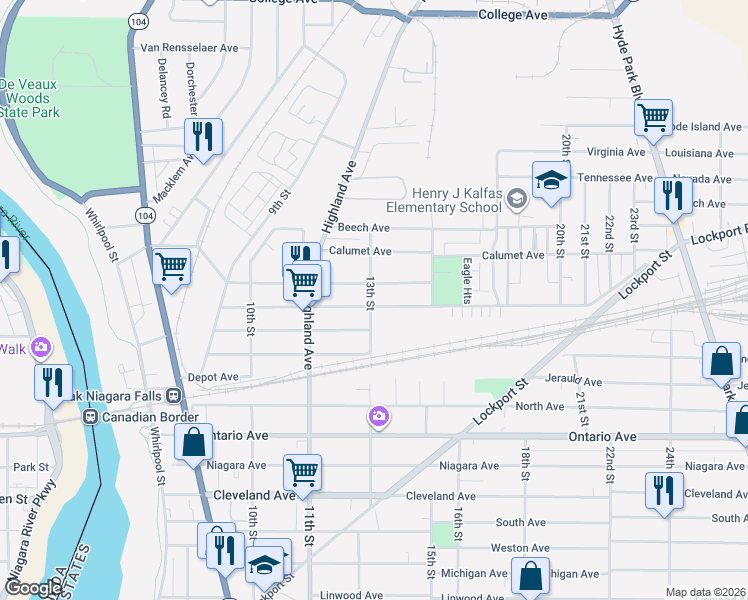 map of restaurants, bars, coffee shops, grocery stores, and more near 1318 Centre Avenue in Niagara Falls