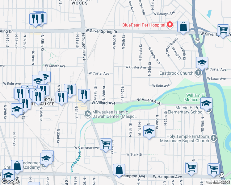 map of restaurants, bars, coffee shops, grocery stores, and more near 5255 North 27th Street in Milwaukee