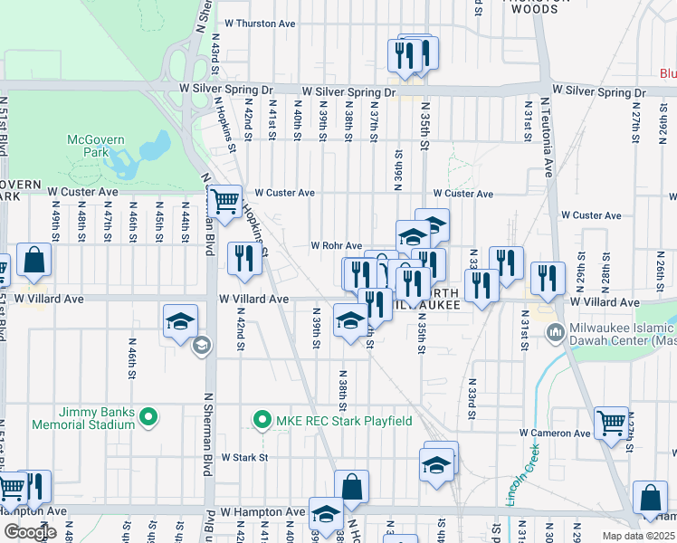 map of restaurants, bars, coffee shops, grocery stores, and more near 5243 North 38th Street in Milwaukee