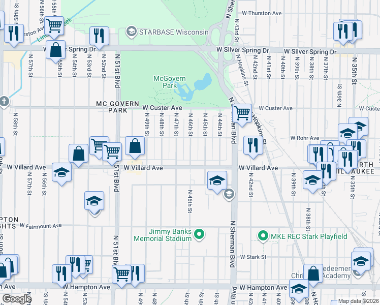 map of restaurants, bars, coffee shops, grocery stores, and more near 5243 North 46th Street in Milwaukee