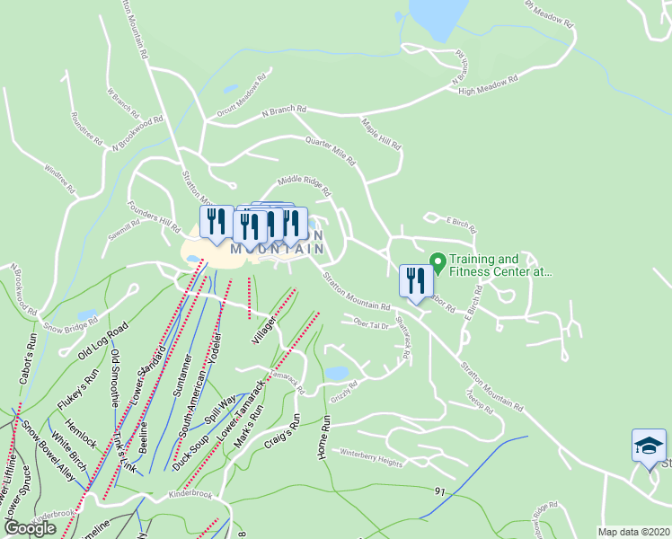 map of restaurants, bars, coffee shops, grocery stores, and more near 91 Middle Ridge Road in Stratton