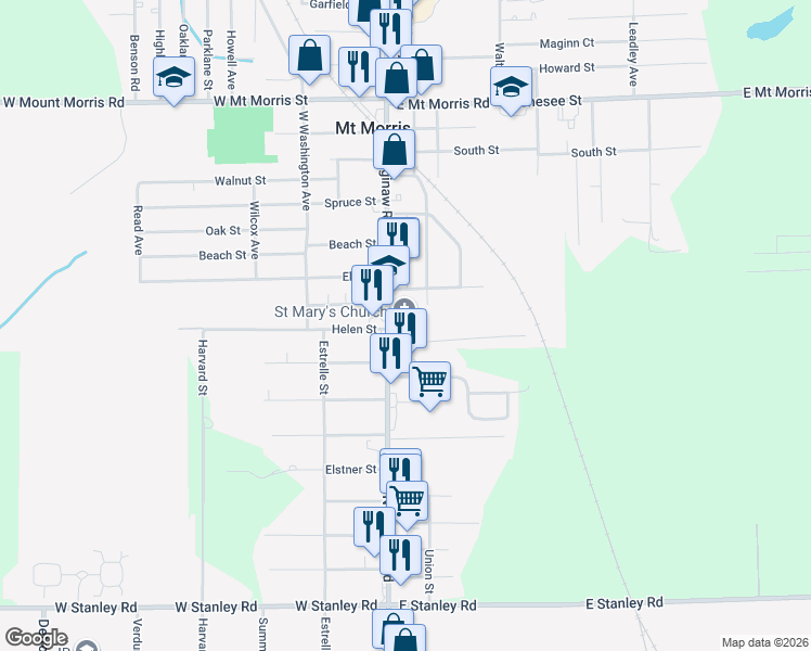 map of restaurants, bars, coffee shops, grocery stores, and more near 11110 Saginaw Street in Mount Morris