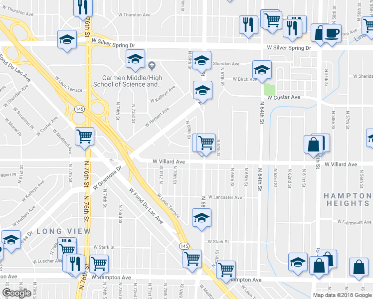 map of restaurants, bars, coffee shops, grocery stores, and more near 6901 West Tallmadge Place in Milwaukee