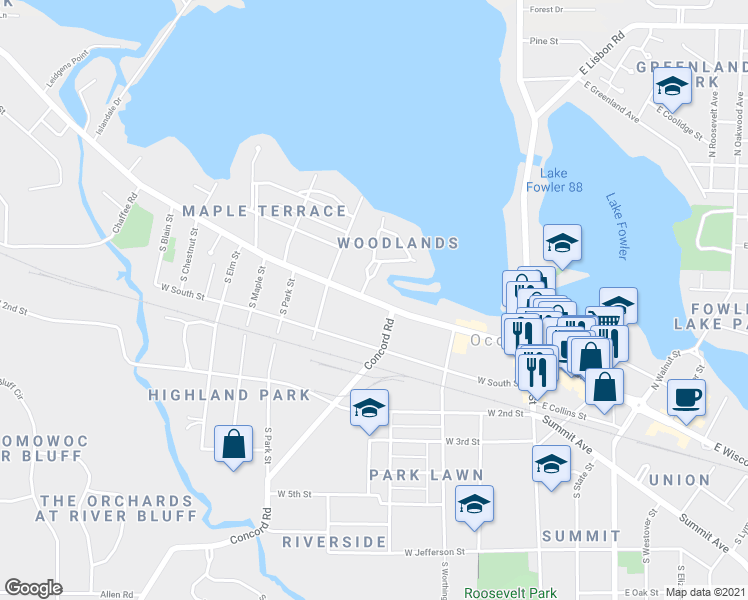 map of restaurants, bars, coffee shops, grocery stores, and more near 430 West Wisconsin Avenue in Oconomowoc