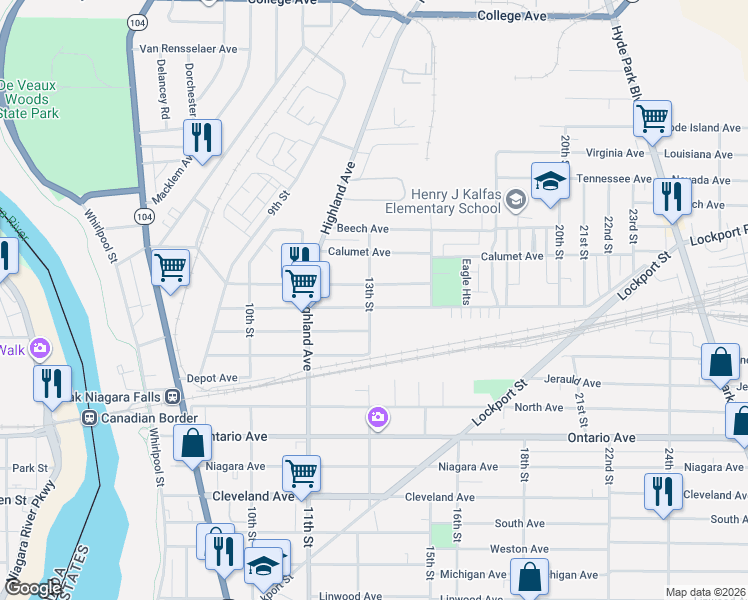 map of restaurants, bars, coffee shops, grocery stores, and more near 1318 Centre Avenue in Niagara Falls