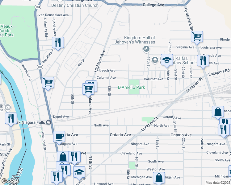 map of restaurants, bars, coffee shops, grocery stores, and more near 1318 Centre Ave in Niagara Falls