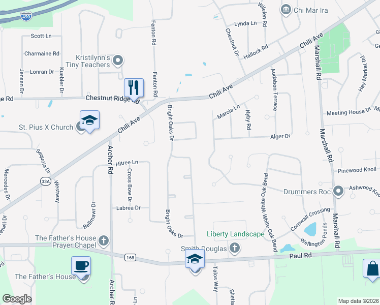 map of restaurants, bars, coffee shops, grocery stores, and more near 11 Red Bud Road in Rochester