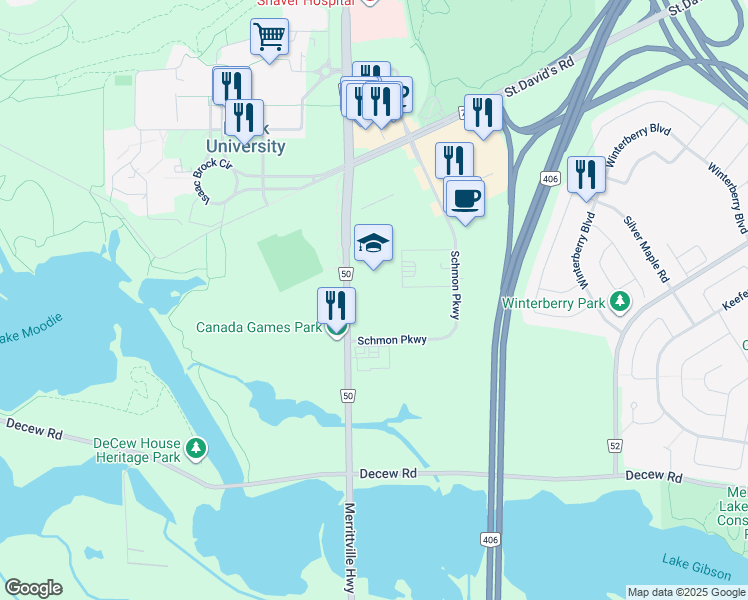 map of restaurants, bars, coffee shops, grocery stores, and more near 3300 Merrittville Highway in Thorold