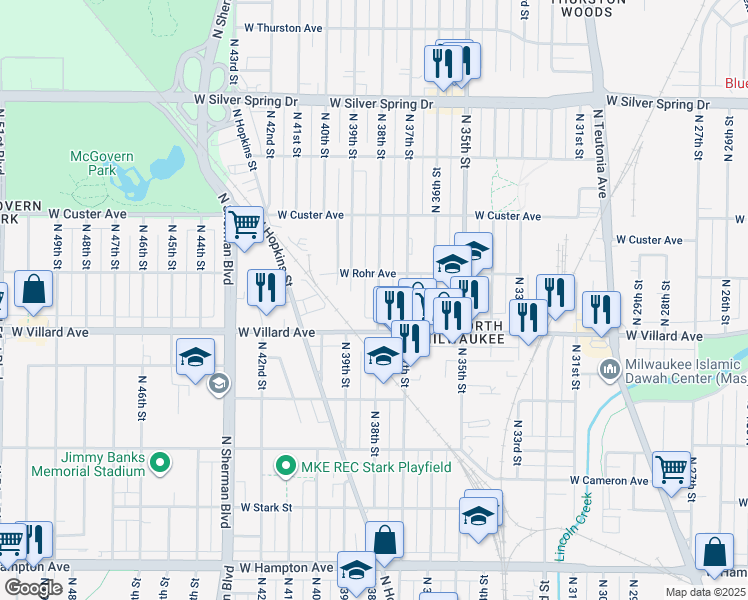 map of restaurants, bars, coffee shops, grocery stores, and more near 5243 North 38th Street in Milwaukee