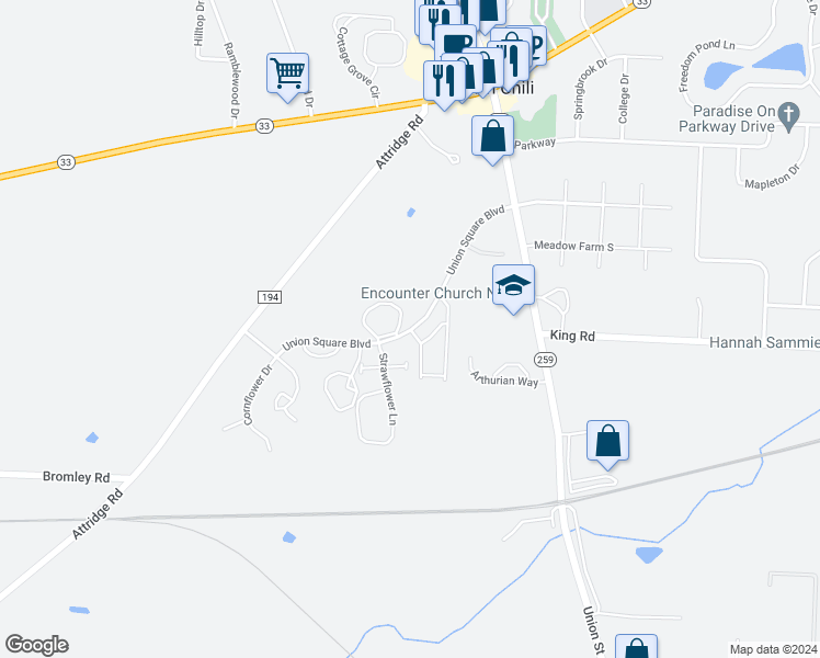 map of restaurants, bars, coffee shops, grocery stores, and more near 71 Union Square Boulevard in North Chili