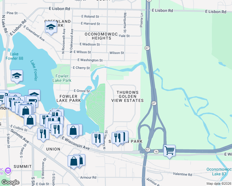 map of restaurants, bars, coffee shops, grocery stores, and more near 424 North Lapham Street in Oconomowoc