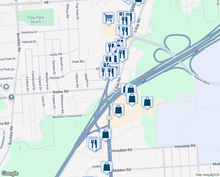 map of restaurants, bars, coffee shops, grocery stores, and more near 3502 Brewerton Road in Syracuse